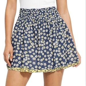 J. Jill Womens Floral Daisy Mini Skirt Navy Yellow Smocked Waist Size Medium